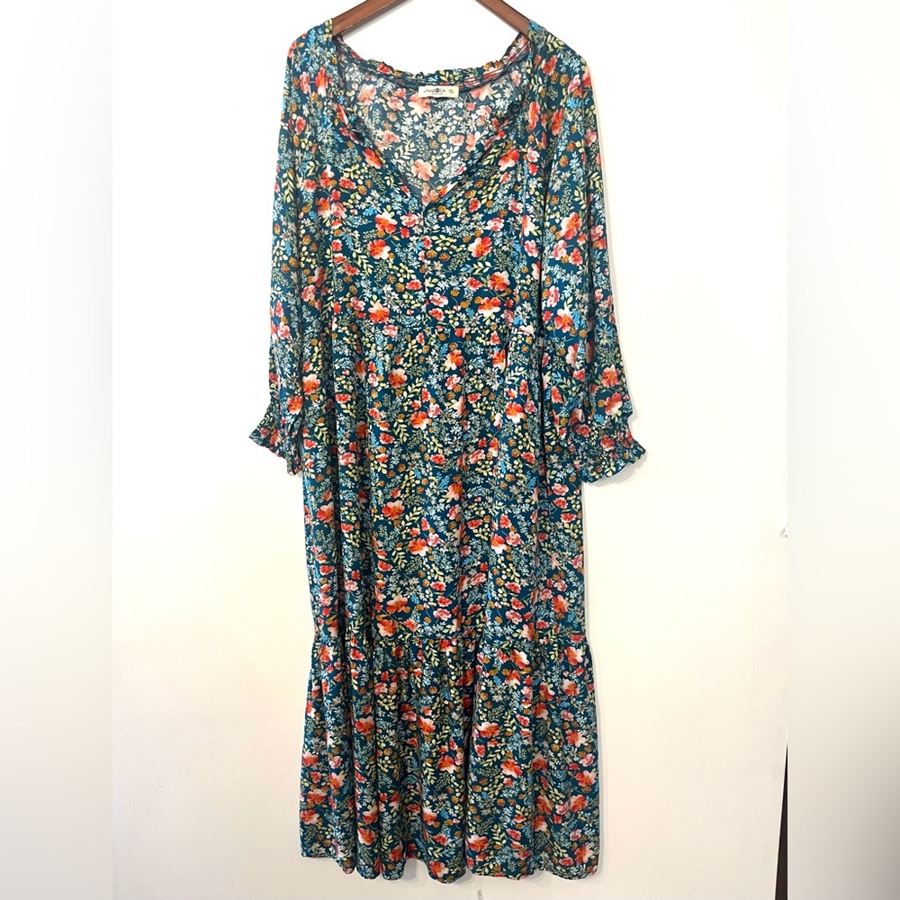 Natural Life Boho Floral Maxi Dress  XL teal Cottagecore Festival Romantic - Picture 2 of 7